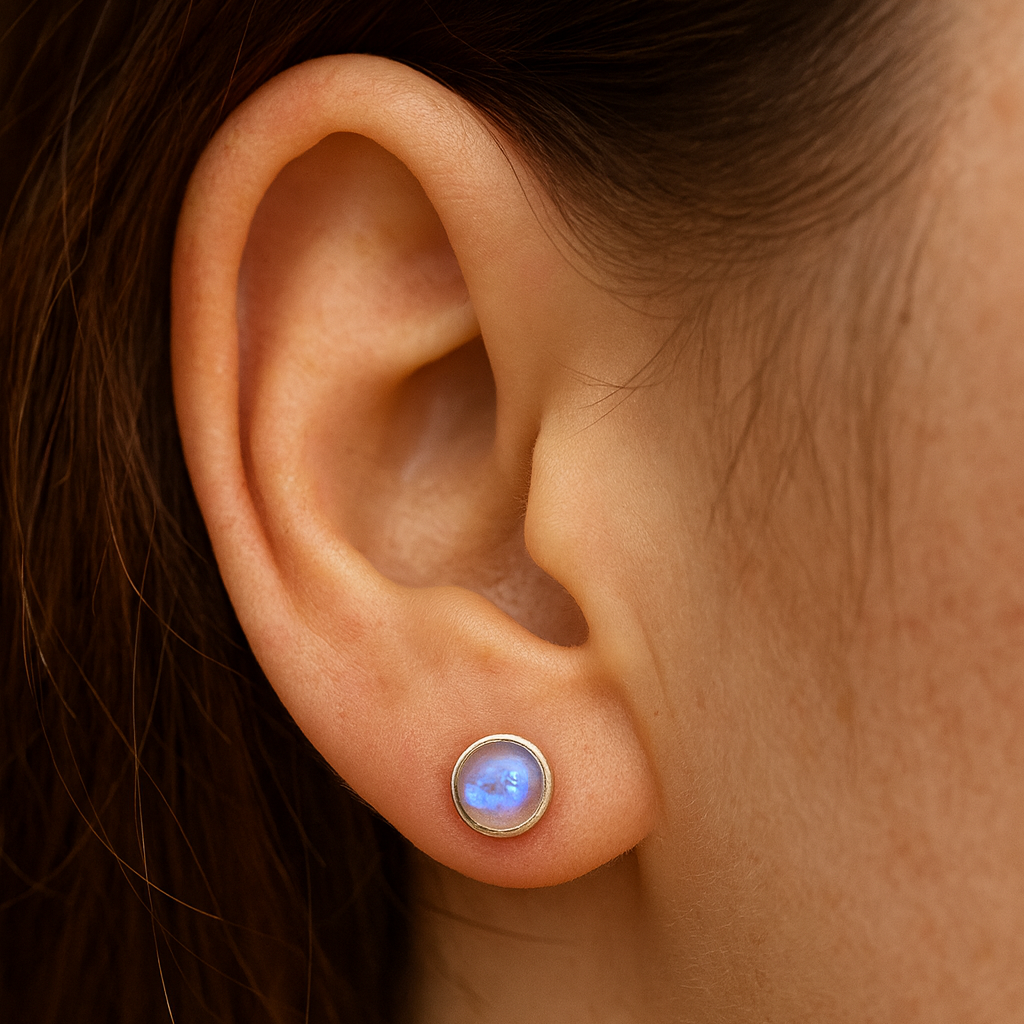 Rainbow Moonstone Stud Earrings - 925 Sterling Silver - Real Gemstone - Nickel Free