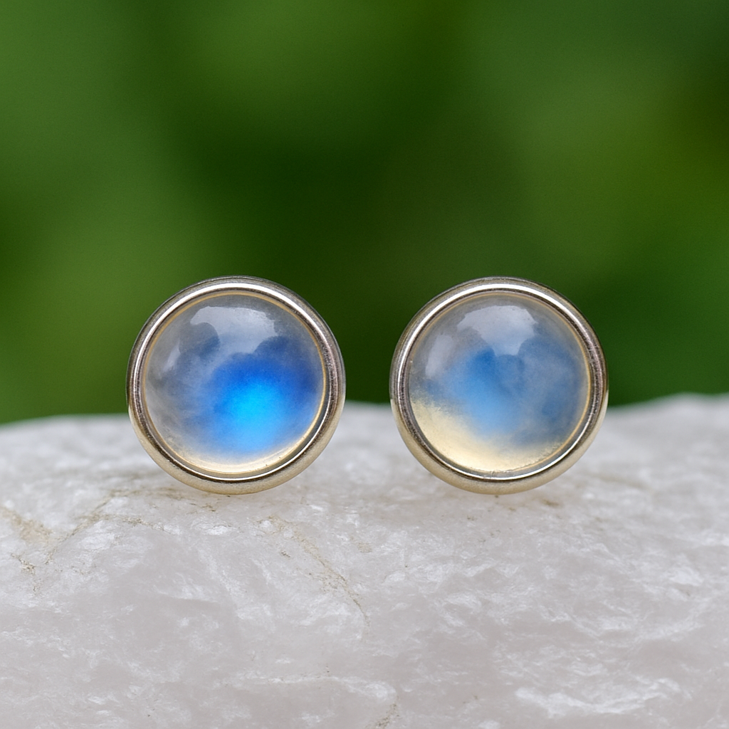 Rainbow Moonstone Stud Earrings - 925 Sterling Silver - Real Gemstone - Nickel Free