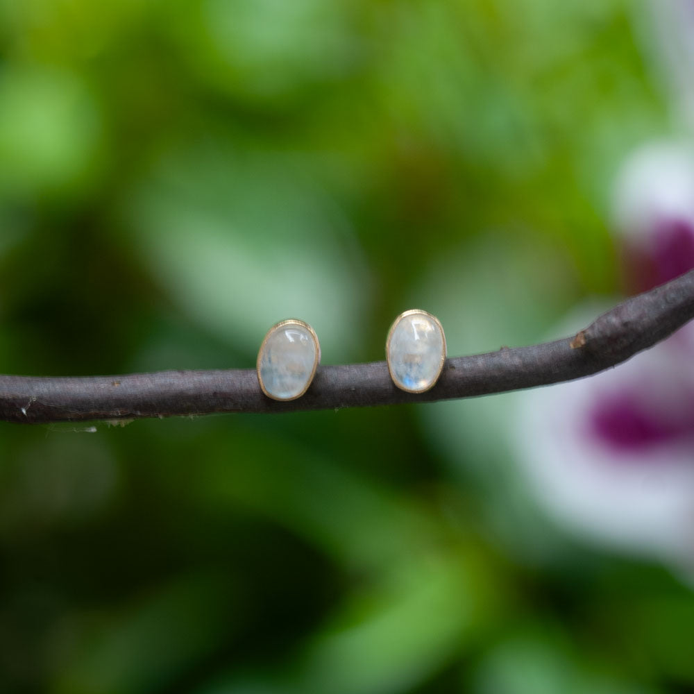 Rainbow Moonstone Stud Earrings - 925 Sterling Silver - Real Gemstone - Nickel Free