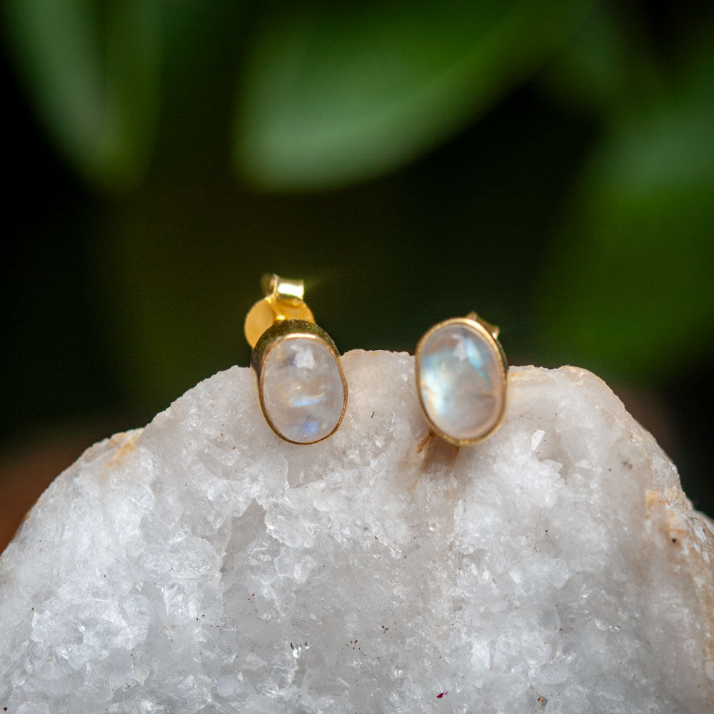 Rainbow Moonstone Stud Earrings - 925 Sterling Silver - Real Gemstone - Nickel Free
